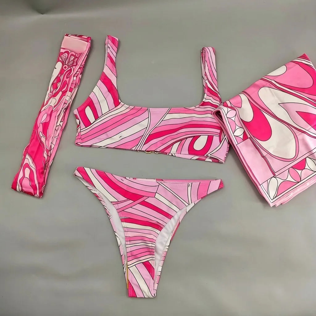 2026 Fashion Design Women's Red Scarf Sling Swimsuits Classic Brand Lady Scarf Bikini Sets with Letter Signature Logo