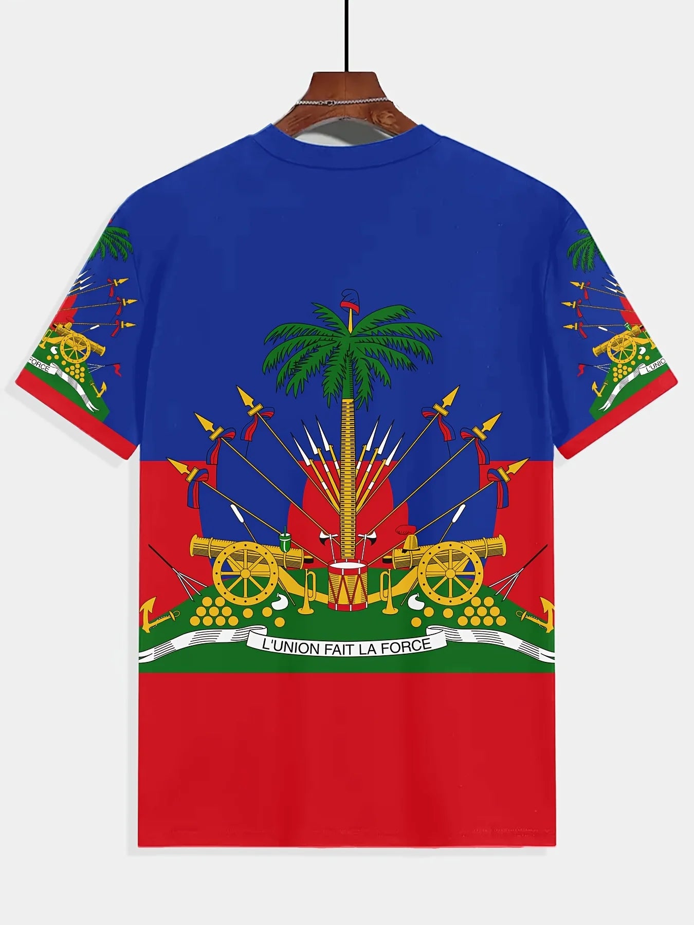 Men's Novelty T-Shirt | Vibrant Multi-Color Polyester Casual Tee with Haitian Flag & Cannon Print | Round Neck,Regular Fit