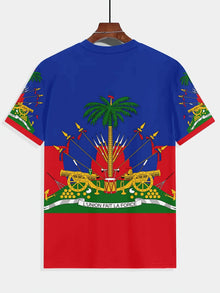 Men's Novelty T-Shirt | Vibrant Multi-Color Polyester Casual Tee with Haitian Flag & Cannon Print | Round Neck,Regular Fit