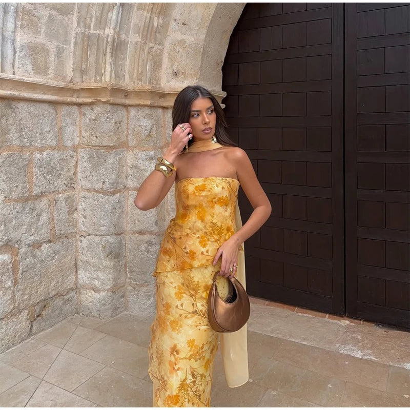 Vintage Floral Print Strapless Patchwork Dress Women Elegant Sleeveless Backless Ribbon Split Dresses Summer Female Party Robes