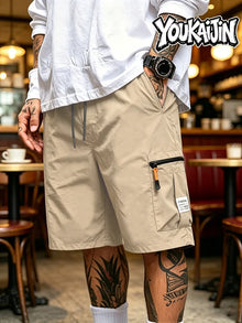 Summer Men's Quick Dry Cargo Shorts Loose Fit Elastic Waist Drawstring Multi Zipper Pockets Outdoor Fishing Hiking EU Size