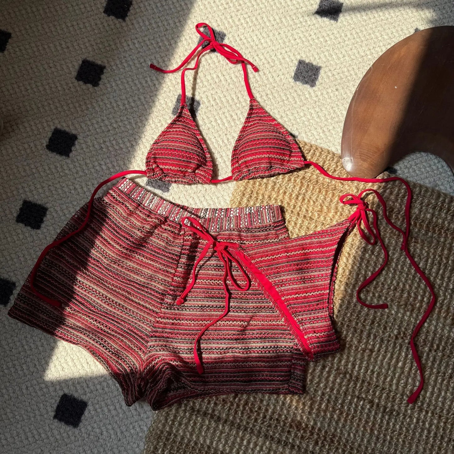 sexy knitted striped halter tie bikinis sets three pieces with shorts swimsuits beachwear bathing suit swimwear biquini tankini