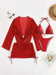 4 Piece Sexy Solid Color Bikini Set With Sheer Cover Up