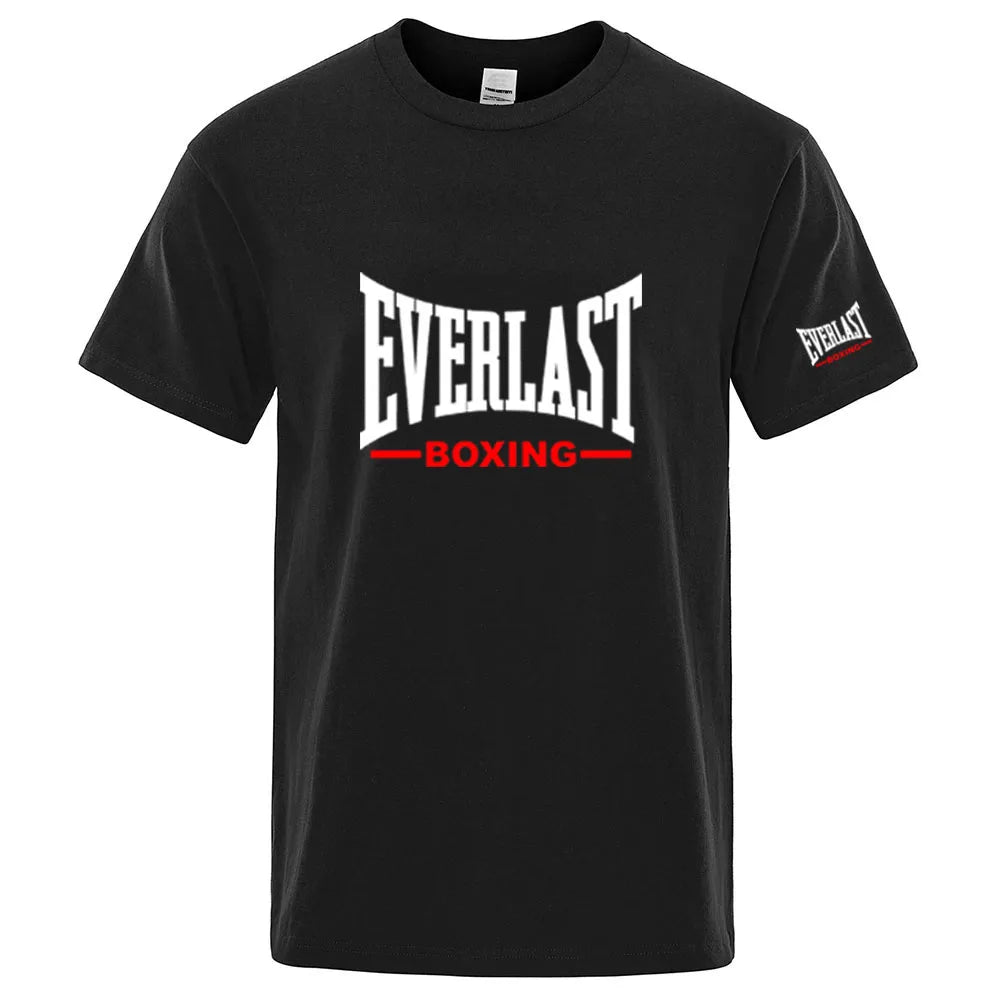 EVERLAST Boxing Logo Graphic T-Shirt Men Black Crew Neck Short Sleeve Casual Sports Training Streetwear Top