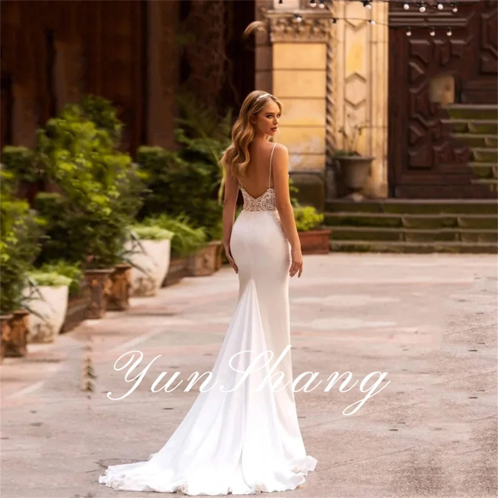 Yunshang Customized Elegant Mermaid Wedding Dress V-Neck Spaghetti Straps Open Back Lace Bridal Gown Train Vestidos De Novia