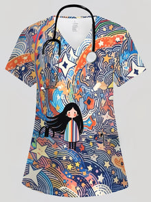 Surgical Uniforms Woman Tooth Cartoon Print Summer Nursing V-Neck Short Sleeve Tops Fashion Dental Microelastic Medical Uniform