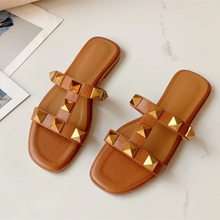 Women Soft Leather Stud Flat Shoes Open Toe Summer Black White Brown Slippers Seam Retro Leisure Slides EU34-43 Big Gold Rivets