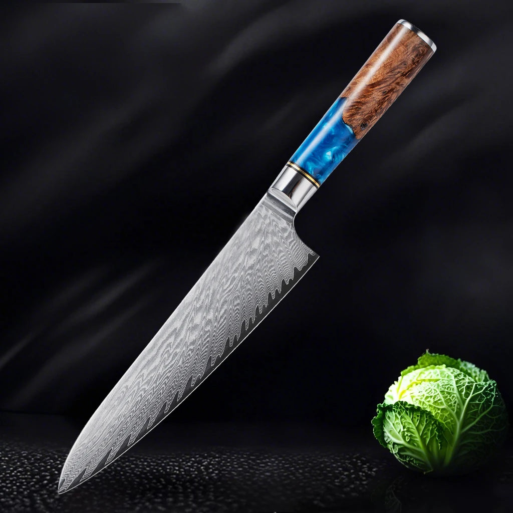 Damascus Steel High Carbon 67 Layer VG10 Chef's Knife Blue Resin Wood Handle Kitchen Chef's Knife Three-Piece Set