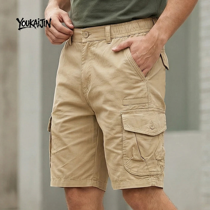 Shorts cargo de randonnée décontractés pour homme en coton délavé, coupe droite oversize avec grandes poches et taille élastique, 29-38