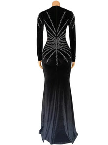 2025 Elegant Diamonds Velvet Long Party Dress for Women Sexy Deep V Evening Gown Formal Black Slim Dress Robe