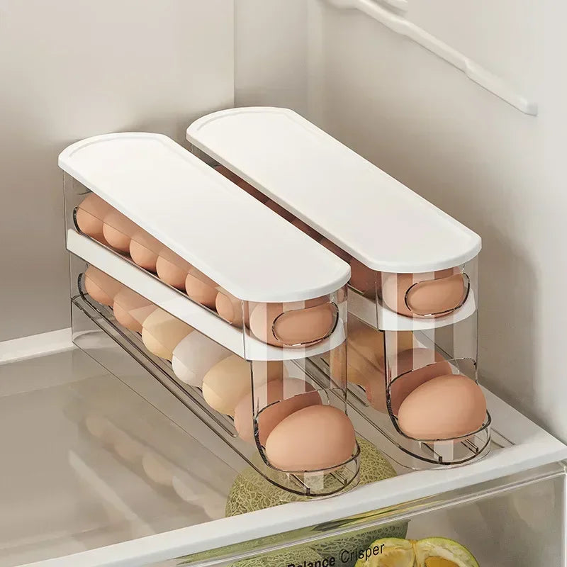 4 Layer Bilayer Fridge Egg Storage Box Ladder Style Automatic Rolling Egg Holder Rack Refrigerator Dispenser Egg Organizer