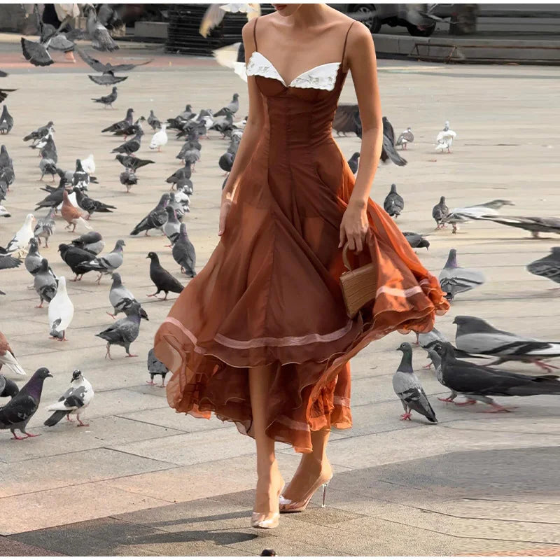 Spaghetti Strap Chiffon Lace Trim Flared Dress Sleeveless Waist Cinched 2026 Summer Formal Women Gown Chic Causal Lady Vestido