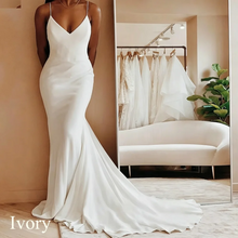 Customized Modern Simple Satin Wedding Dresses V-neck Spaghetti Straps Backless Formal Pleated Bridal Grown vestidos Sweep Train