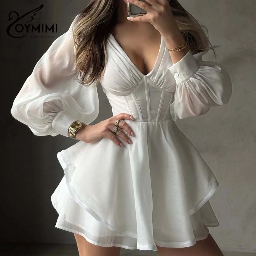 Oymimi Women's White Mini Dress 2026 Spring Deep V-Neck Puff Sleeve Corset Tiered Ruffle Sheer Casual Party Fashion Trendy Wear