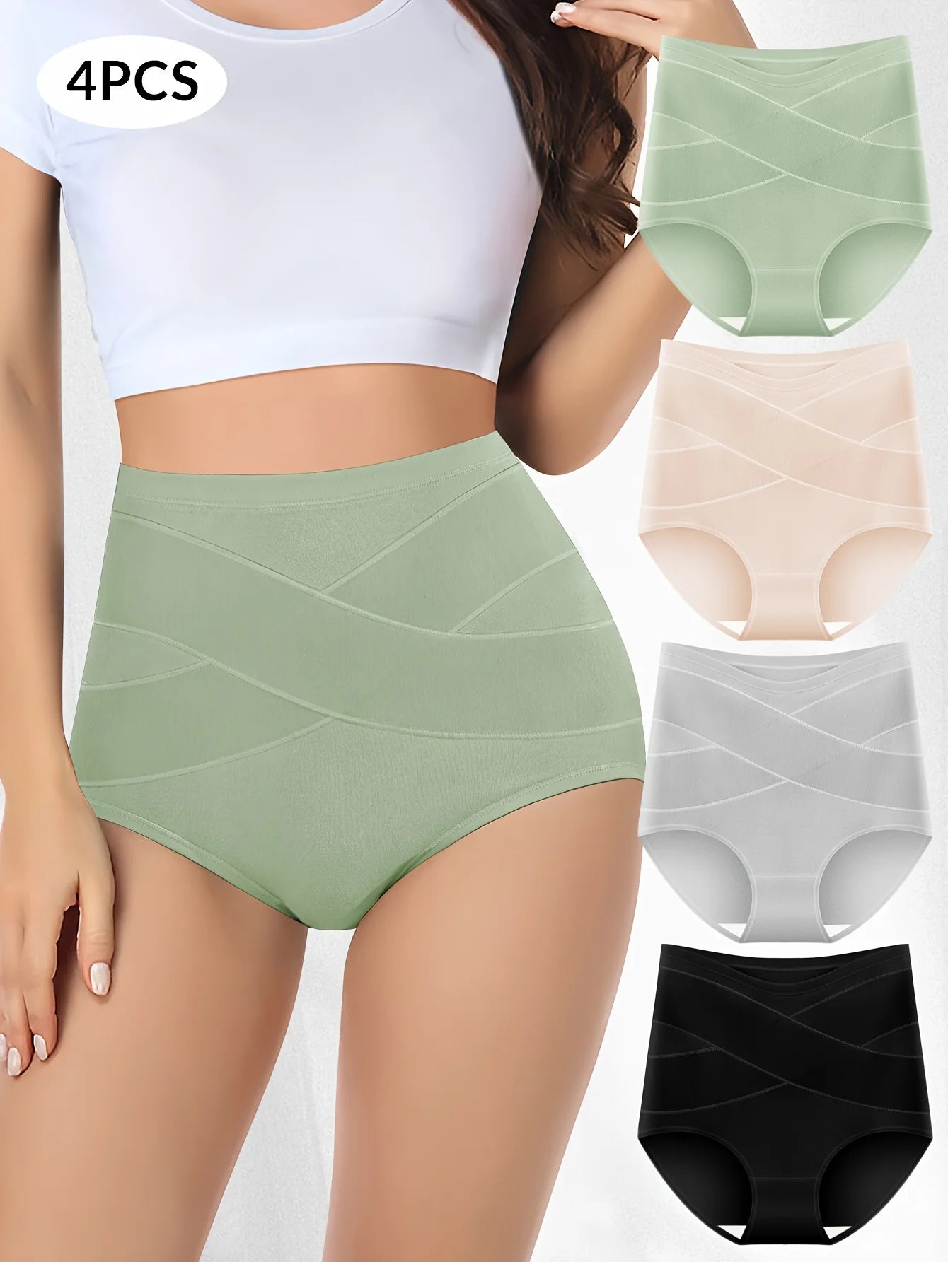 4pcs High Waisted Women's Panties Comfortable Cotton Cross Tummy Tuck Breathable Skin Friendly Drawstring Triangle Pants
