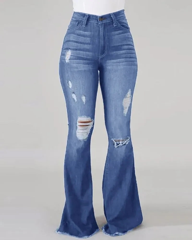 Spring and autumn Women's Blue Ripped Flared Jeans, Black Stretch Denim Pants, Stylish Casual Trousers.