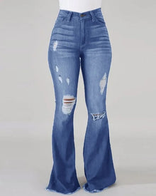 Spring and autumn Women's Blue Ripped Flared Jeans, Black Stretch Denim Pants, Stylish Casual Trousers.