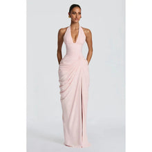 Sexy Solid Pleated Halter Dress Women Fashion Sleeveless Backless Waist-cinching Split Maxi Dresses 2026 Summer Lady Party Gowns