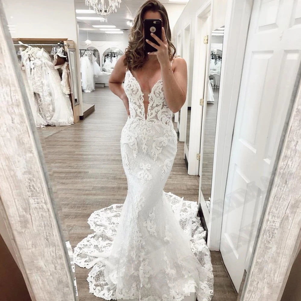 HAMMAH Elegant V Neck Wedding Dresses Mermaid Appliques Lace Spaghetti Strap Satin Court Train Robe De Mariee Customized