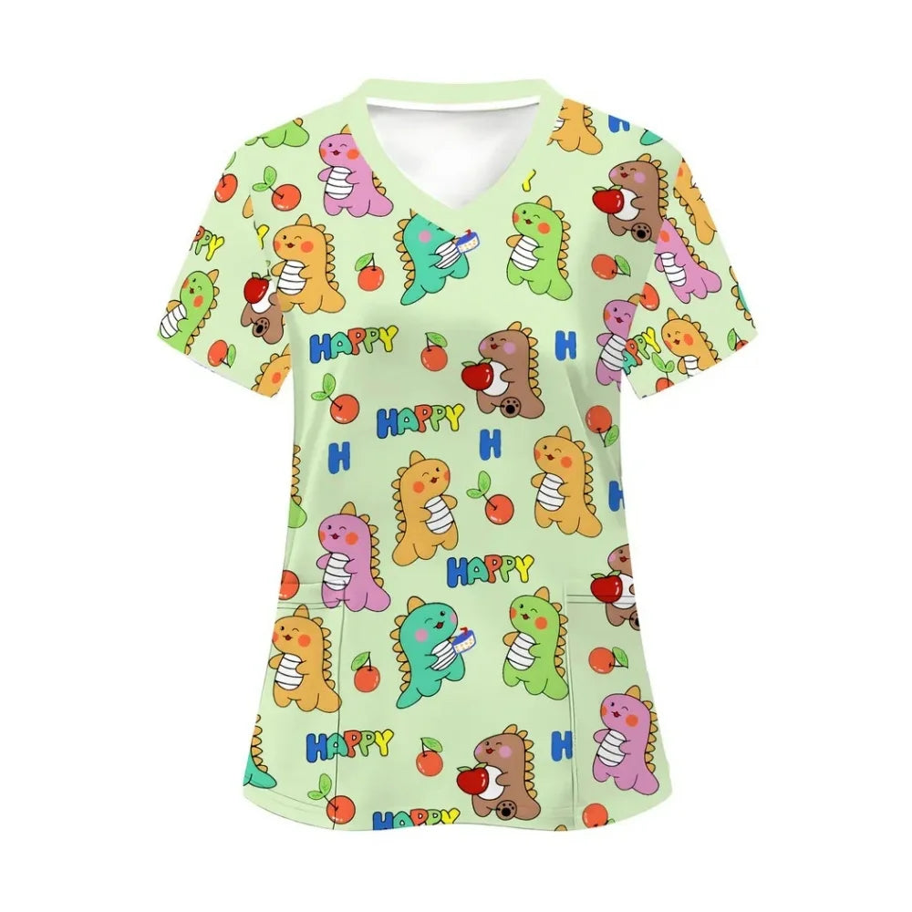 Clinical Uniform Woman Dinosaur Cartoon Print Vet Scrubs Woman Tops V-Neck Short Sleeve with Micro Stretch Nurse Uniform Woman