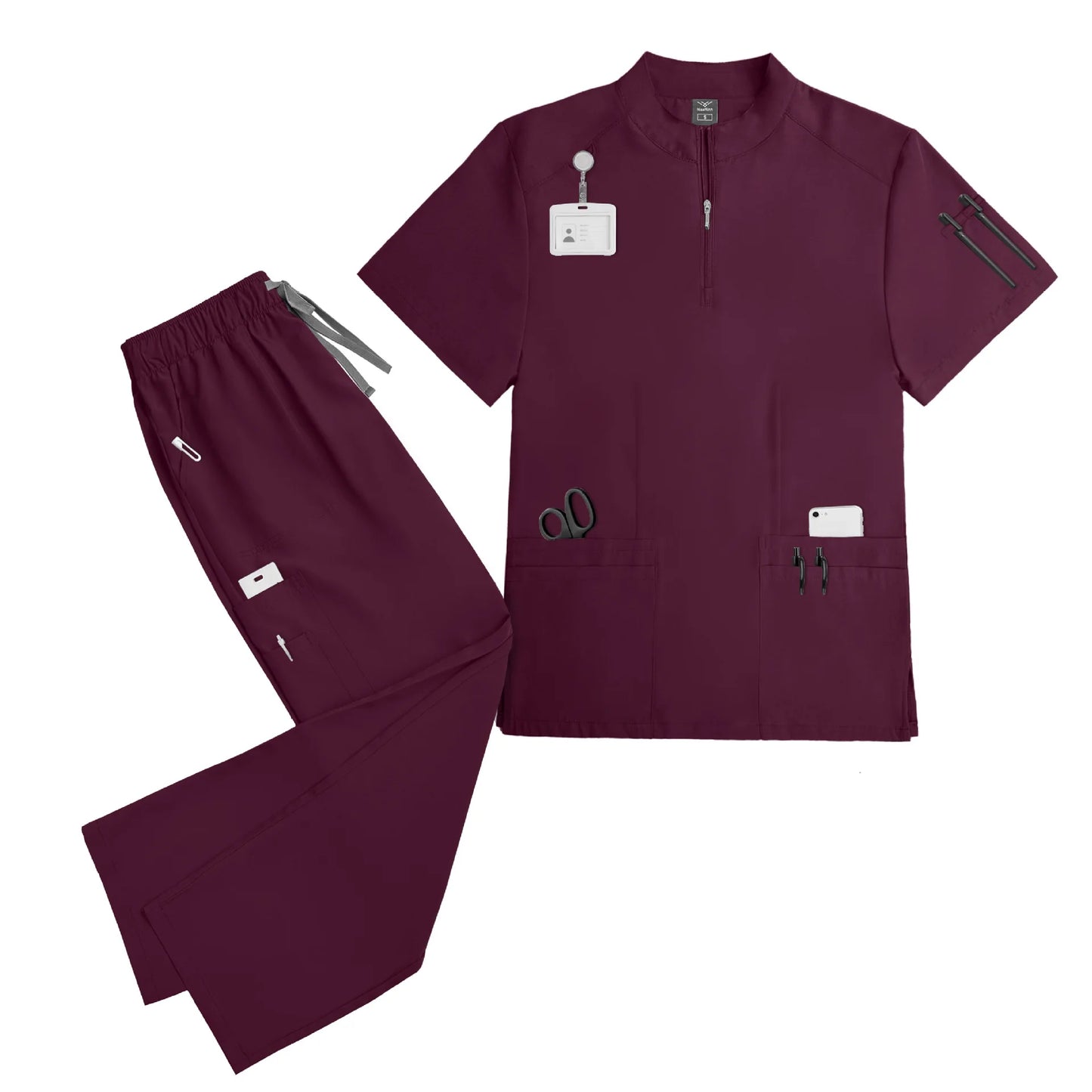 Elastic quick-dry scrub top, men's and women's surgical scrubs for doctors, beauty salon operating room scrub uniforms