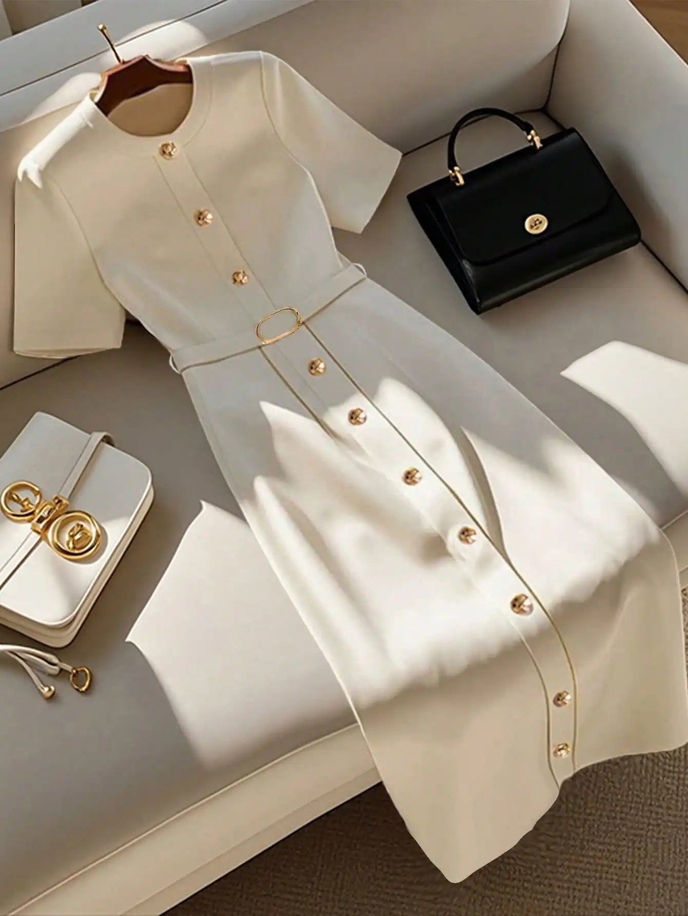 Women's Elegant Simple Round Neck Single Breasted Short Sleeve Belt Midi Dress women dress Women's Elegant Beige Midi Dress