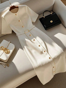 Women's Elegant Simple Round Neck Single Breasted Short Sleeve Belt Midi Dress women dress Women's Elegant Beige Midi Dress