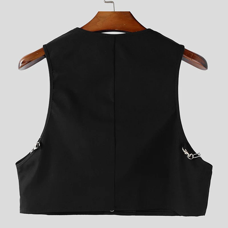 INCERUN Men Vests Solid Color Chain Decoration V Neck Sleeveless Crop Tops Men Streetwear Fashion Casual Male Waistcoats S-3XL