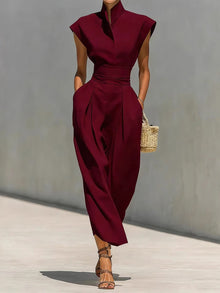 Summer New High Waist Pocket Dress Elegant Lady Slim Pleated Midi Dresses Fashion Solid Stand Collar Sleeveless Commuting Dress