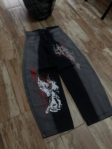 Y2k Vintage Washed Black Personalized Street Jeans Men Skateboarding Gothic Pattern Print Retro Denim Pants Loose Wide Leg Jeans