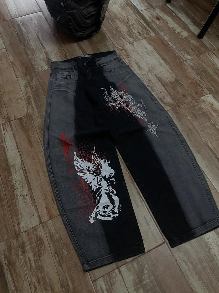 Jean large style années 2000 vintage noir délavé personnalisé pour homme, pantalon en jean rétro à motifs gothiques, coupe ample