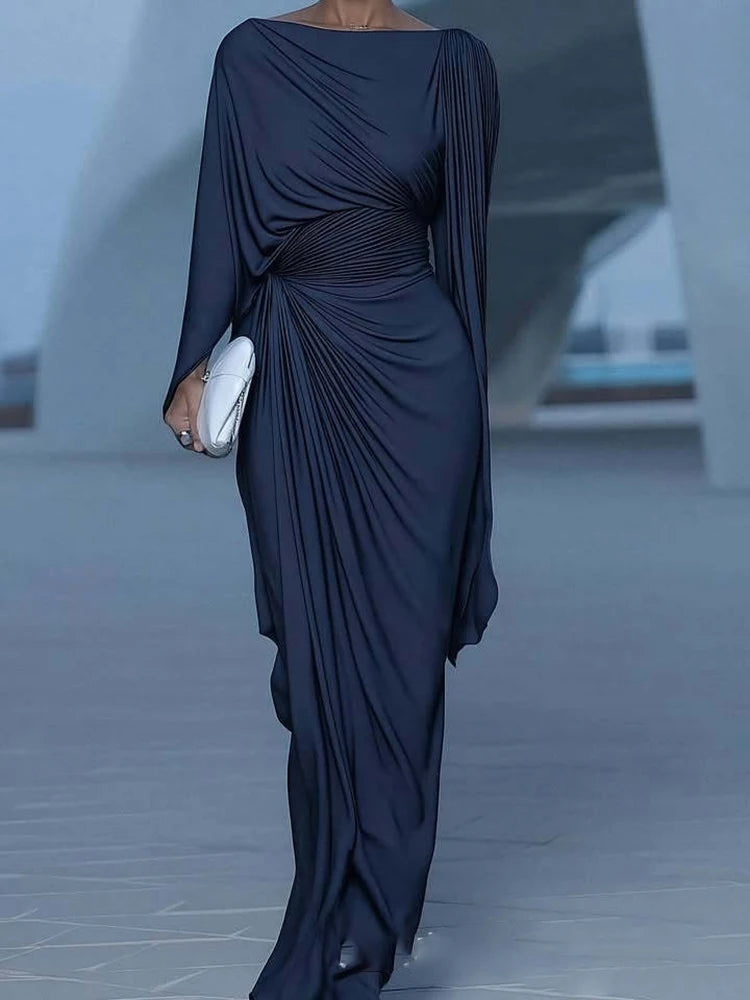 Slash Collar Pleat Slim Banquet Dress For Women High Waist