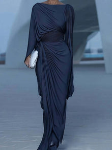 Slash Collar Pleat Slim Banquet Dress For Women High Waist
