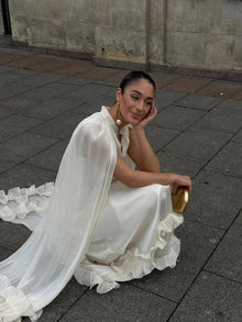 Women Solid Cloak Long Dresses Fashion Stand Neck Lace Sleeveless Ruffle Irregular Hem Dress 2025 New Summer Street Lady Gown