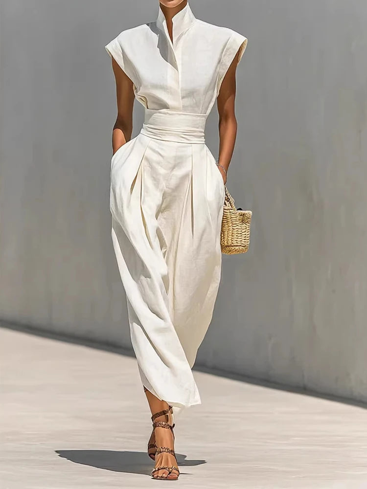 Summer New High Waist Pocket Dress Elegant Lady Slim Pleated Midi Dresses Fashion Solid Stand Collar Sleeveless Commuting Dress