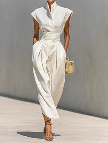 Summer New High Waist Pocket Dress Elegant Lady Slim Pleated Midi Dresses Fashion Solid Stand Collar Sleeveless Commuting Dress