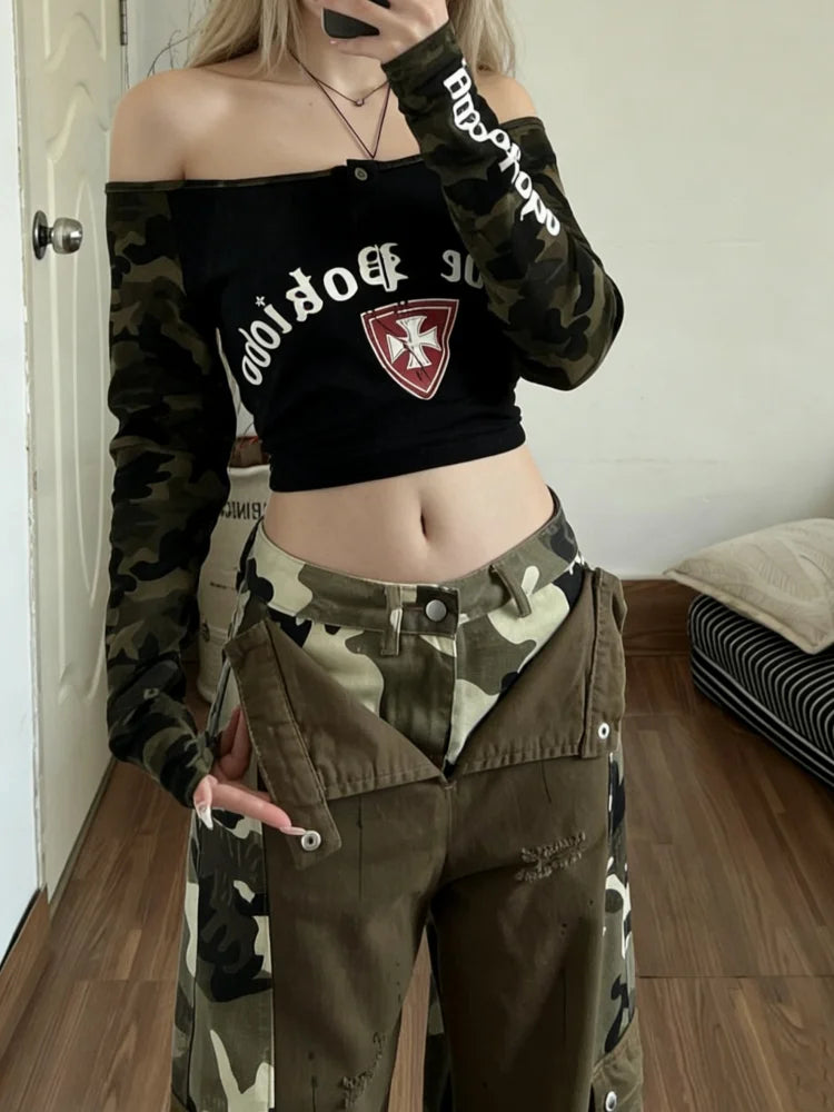 Women Brown Camouflage Patchwork Ripped Cargo Jeans Harajuku Vintage Baggy Denim Trousers Japanese 2000s Y2k Ripped Jeans Pants