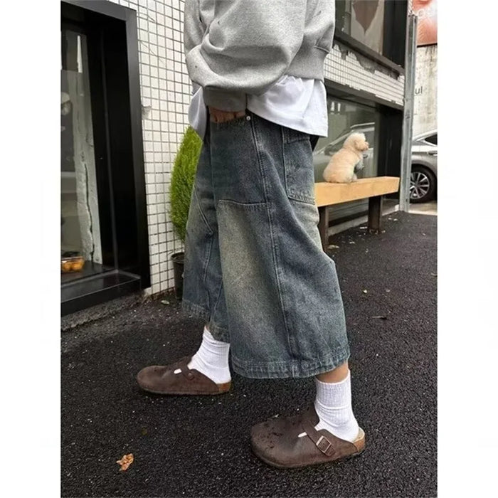 Shorts en jean délavé style rétro pour homme et femme, coupe droite large, style urbain, décontracté et polyvalent, pantalon court tendance.