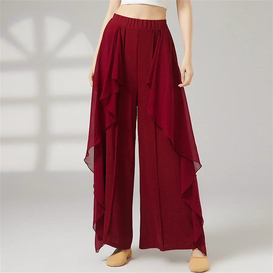 Women Wide Leg High Waisted Flowing Chiffon Dance Pants