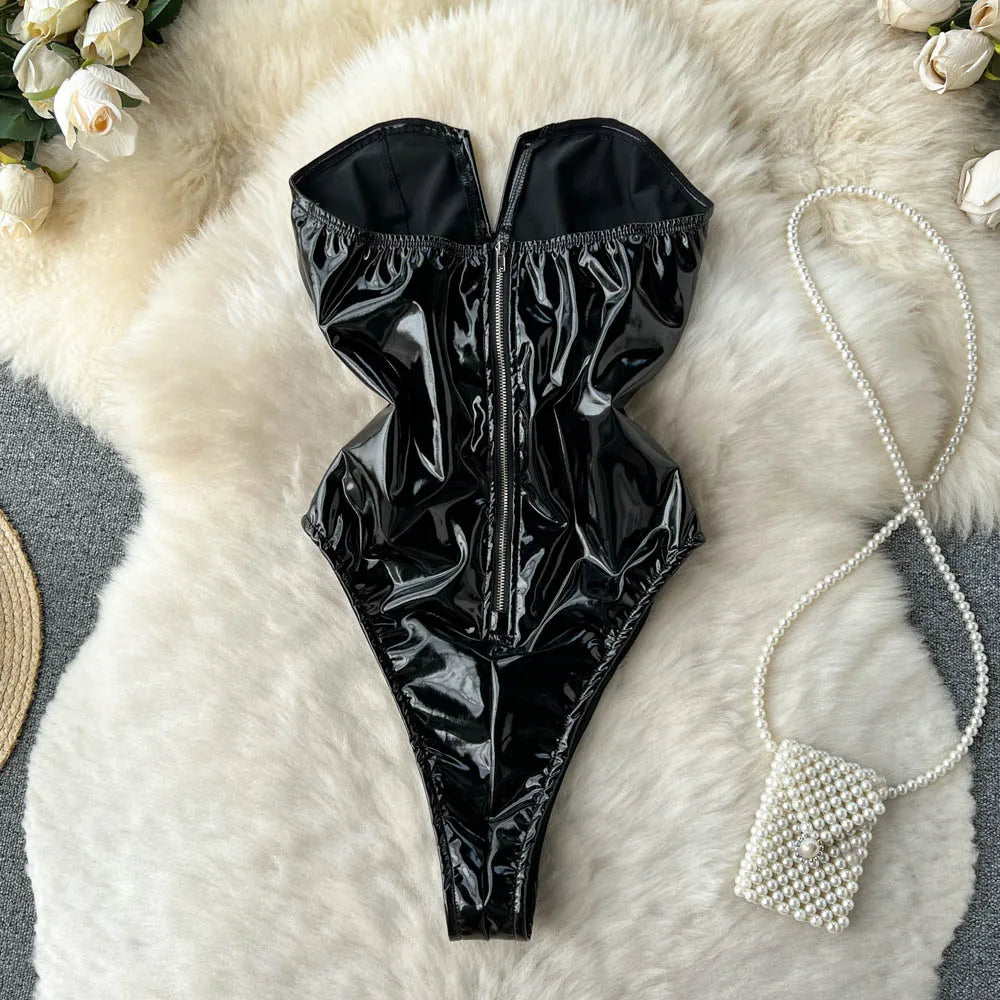 PU Leather Women Bodysuit Zipper Slim Romper Streetwear