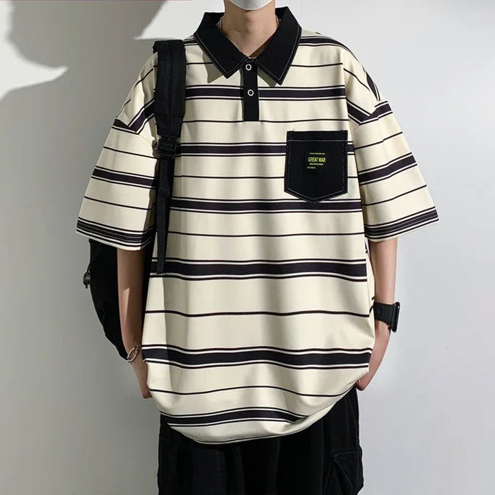 2024 New Summer Men POLO Shirt Trend Loose Clothing Students Short-sleeved T Shirt Tops Round Neck Five-quarter Sleeve Harajuku