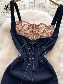 Singreiny Lace Up Mini Dress Slim Patchwork Lace Summer