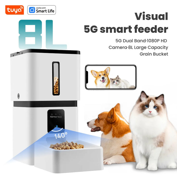 Distributeur Automatique Intelligent de Croquettes 8L avec Minuteur, Gamelle en ABS, Caméra HD, WiFi et Télécommande TuyaAPP pour Chiens et Chats