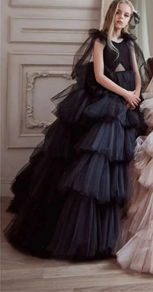 Tiered Tulle Fluffy Sleeveless Flower Girl Dress Ruffles Floor Length Child Princess Communion Birthday Celebration Party Dress