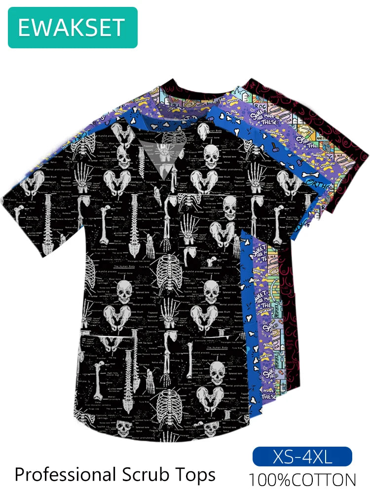 New Top for orthopedics Cotton bones skeleton printed Medical Blouse V-neck Nurse Doctor Operating T shirts Unisex Scrub Clothes