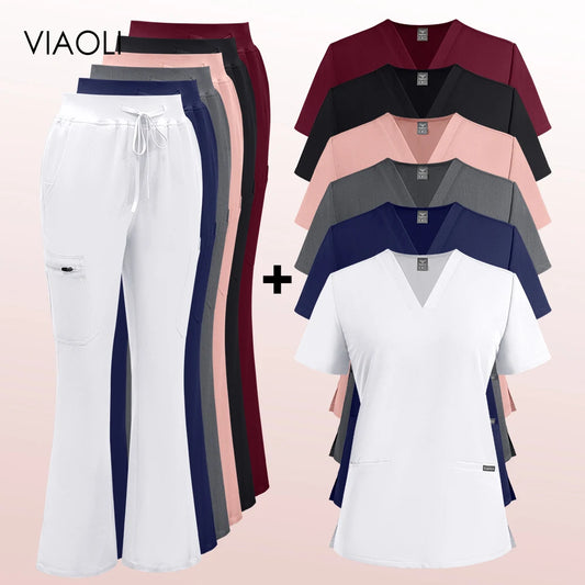 Short Sleeve Manicurist Beautician Workwear Hospital Scrub Top Pant Solid Color Surgical Uniform Medical Accessories Nursing Set