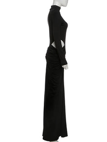 Robe longue élégante Nibber style hipster, sans taille, froncée, col roulé, manches longues, design évidé, pour femme, style automne, idéale pour bal ou soirée, coupe moulante