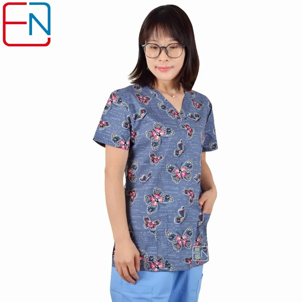 Hennar Print Vet Scrub Uniform For Women In 100% Cotton 4 pockets,XXS-5XL Pet Doctors Medical Scrub Tops
