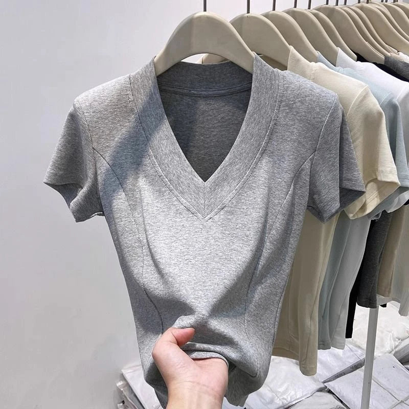 Slim Fit Pure Cotton Short Sleeve V Neck Top Korean Style