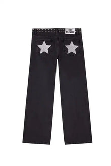 Gothic Womens ONE DILEMMA Jeans Y2K Clothing Fashion Sequin Five Pointed Star Rivet Retro Jeans Mid Rise Wide Leg Trousers
